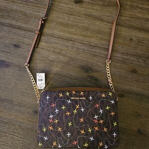 Michael Kors Jet Set Crossbody Brown Multicolored Airplane Print Purse. *RARE*
